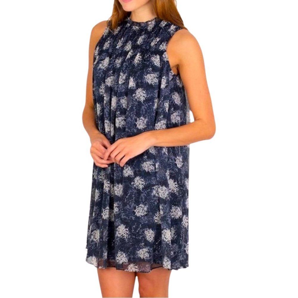 Joie Sleeveless Batik Dress Medium Sleeveless Lined Blue Gray High Neck A Line
